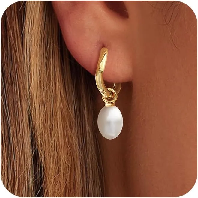 Pearl Earrings for Women, Trendy 14k Gold Plated Drop Hoop Pearl Earrings Dainty Freshwater Leaf Bow Pearl Dangle Earring Elegant Hypoallergenic Bridesmaid Gold Pearl Earrings Wedding Jewelry for Women