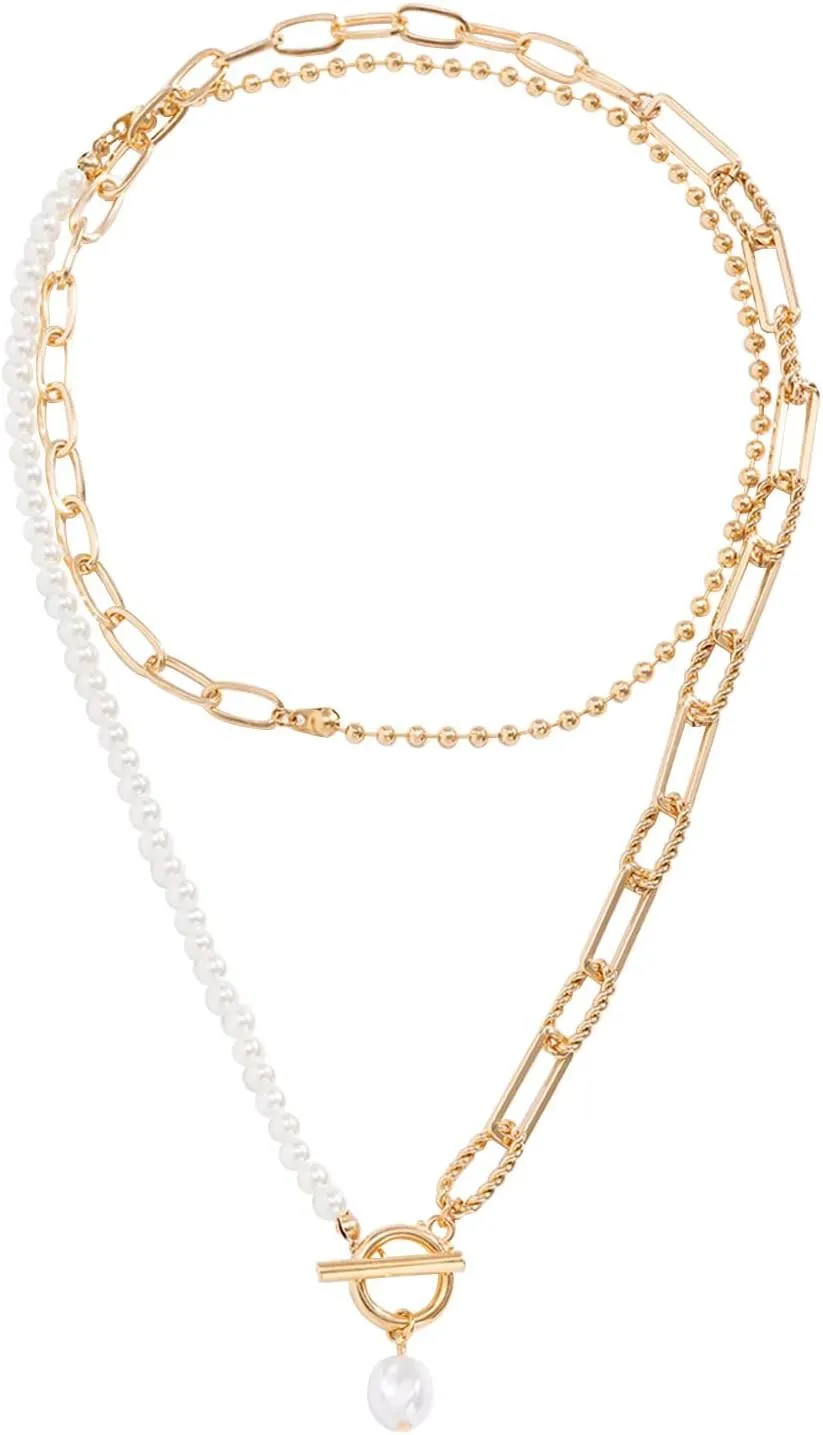 Pearls Beads Necklaces for Women Layered Trendy Chain Necklace Personalized Choker Necklace Gifts Jewelry Lady (GD1, One Size)