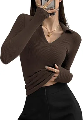 Polo Shirts for Women Long Sleeve Tops V Neck Womens T Shirts Slim Fitted Tees Casual Womens Tops