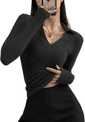 Polo Shirts for Women Long Sleeve Tops V Neck Womens T Shirts Slim Fitted Tees Casual Womens Tops