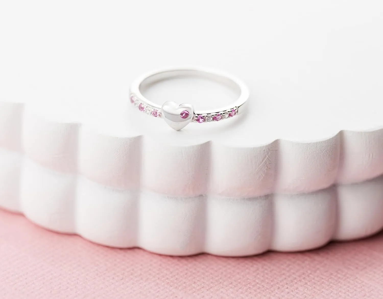 Precious Pieces Sterling Silver or 14K Gold Plated Baby Ring with Puff Heart and Pink CZs for Babies, Toddlers, Little Girls, Stackable or Pinky Ring for Teens and Women