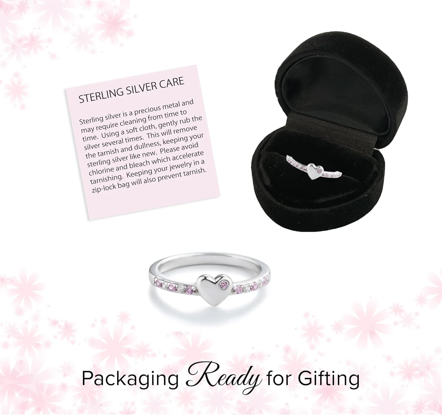 Precious Pieces Sterling Silver or 14K Gold Plated Baby Ring with Puff Heart and Pink CZs for Babies, Toddlers, Little Girls, Stackable or Pinky Ring for Teens and Women