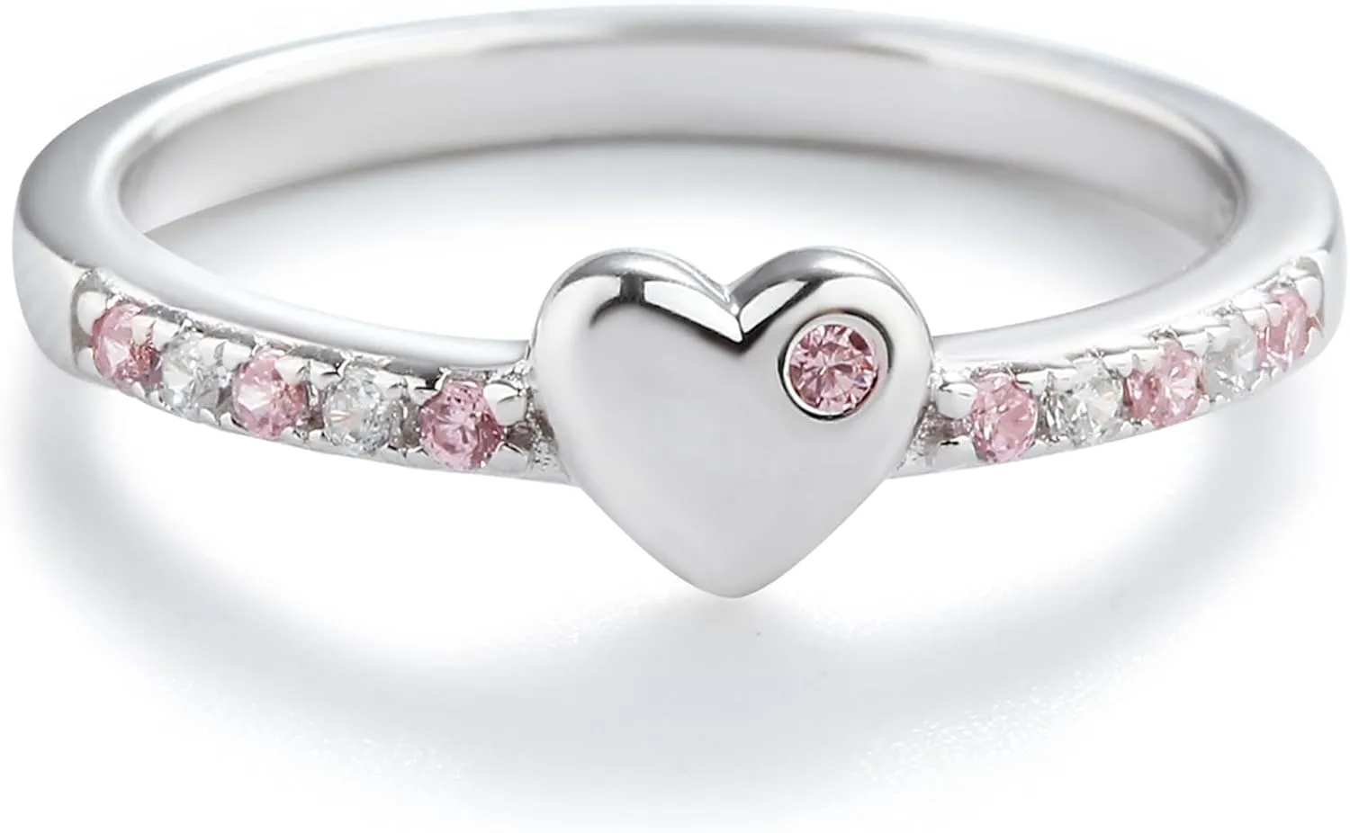 Precious Pieces Sterling Silver or 14K Gold Plated Baby Ring with Puff Heart and Pink CZs for Babies, Toddlers, Little Girls, Stackable or Pinky Ring for Teens and Women