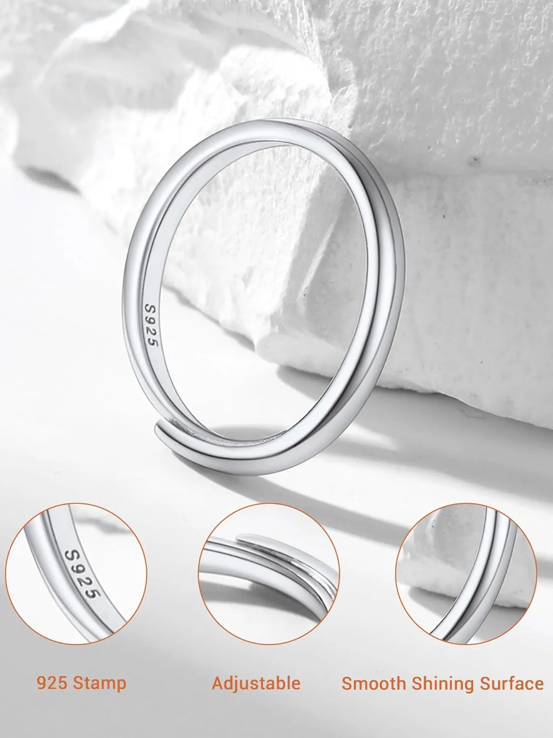 PROSILVER 925 Sterling Silver Adjustable Open Ring for Women, Solid Sterling Silver Stackable Ring, knuckle Finger Ring, Pinky Ring, Come with Box