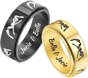 QINGDUO Personalized 2Pcs Set of Matching Pinky Promise Pinky Swear Rings for Couples Minimalist High Polish Stainless Steel Meditation Spinner Fidget Engagement Wedding Band Gift,3 Colors