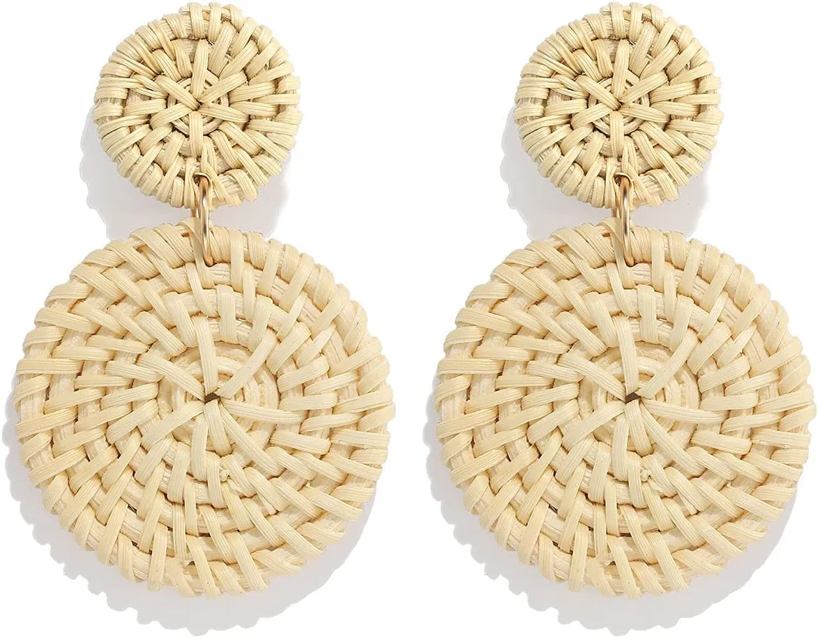 Rattan Earrings for Women Handmade Lightweight Wicker Straw Stud Earrings Statement Weaving Braid Drop Dangle Earring