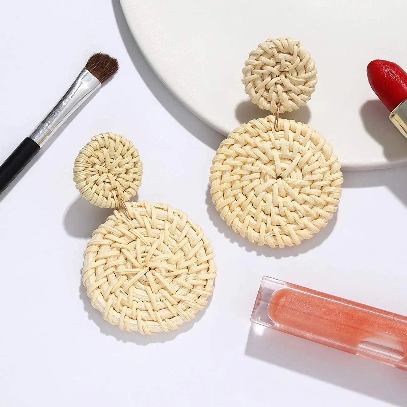 Rattan Earrings for Women Handmade Lightweight Wicker Straw Stud Earrings Statement Weaving Braid Drop Dangle Earring