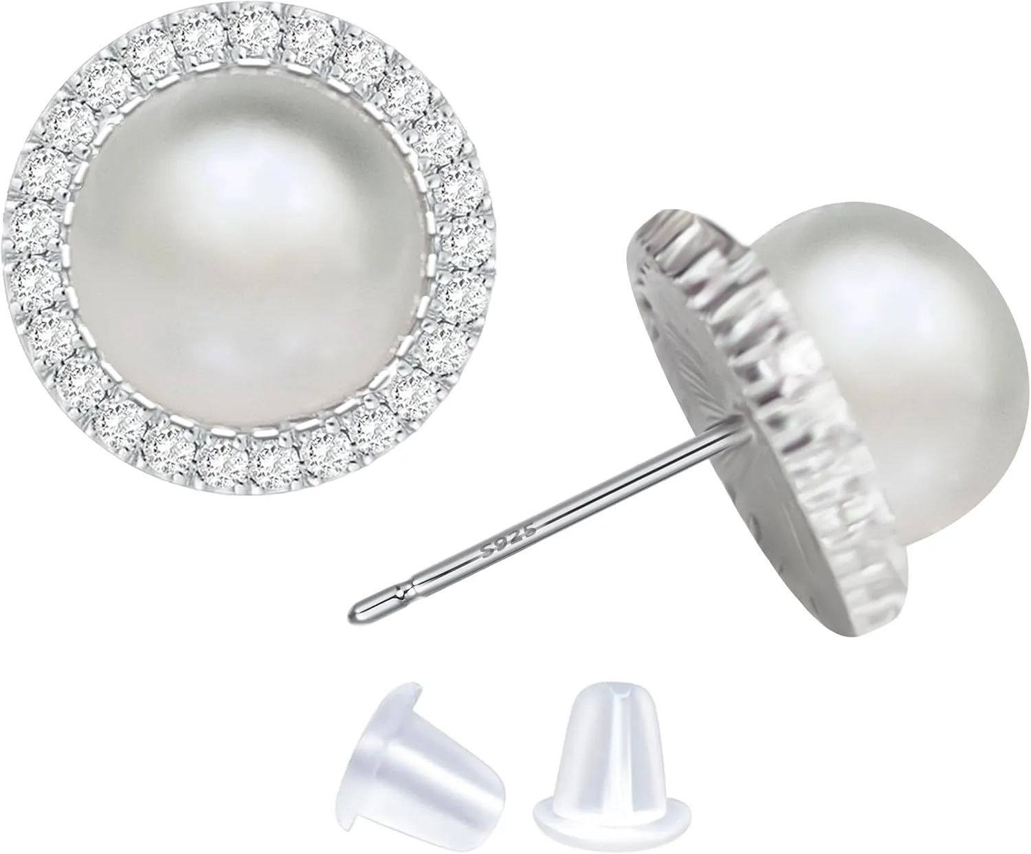 Real Pearl Earrings for Women 925 Sterling Silver 9MM Cultured Freshwater Pearl Stud Earrings Cubic Zirconia Earrings Studs Handpicked Jewelry Gifts for Her Mom Women Wife