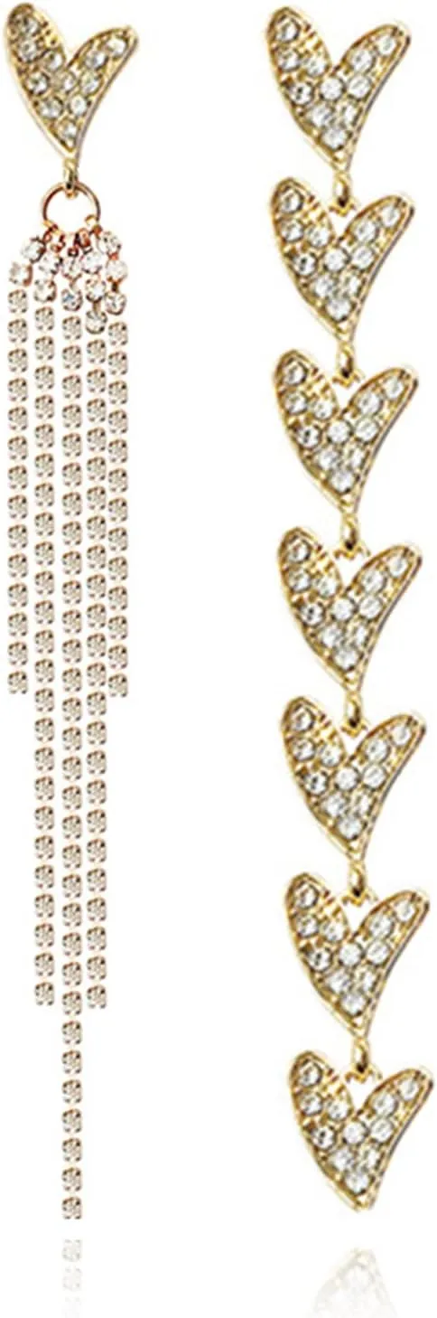 Rhinestone Heart Tassel Earrings Asymmetrical Crystal Tassel Heart Dangle Earrings for Women Prom Chandelier Earrings Bridal Earrings for Wedding