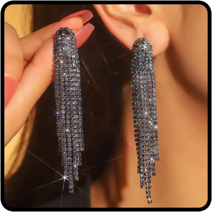 Rhinestone Tassel Earrings for Women Black Rhinestone Earrings Long Sparkly Tassel Earrings Bling Chandelier Earrings Black Prom Earrings Wedding Party Earrings Dress Outfit Jewerly