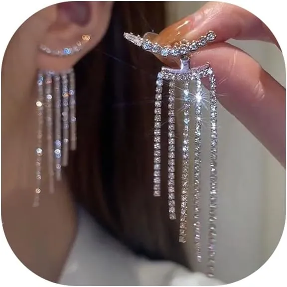 Rhinestone Tassel Earrings for Women Silver Crystal Fringe Earrings Long Tassel Bling Drop Dangle Earrings Front Back Stud Prom Earrings Wedding Party Jewelry