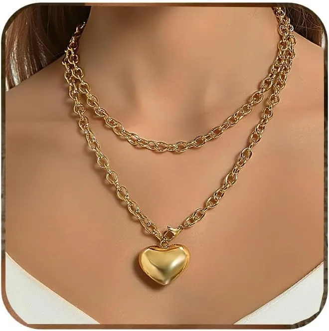 Ronglry Puffy Heart Necklaces for Women Chunky Gold Heart Necklace Long Chain Necklace for Women Big Heart Pendant Necklace Layered Chunky Gold Necklaces Y2K Trendy Jewelry Accessories
