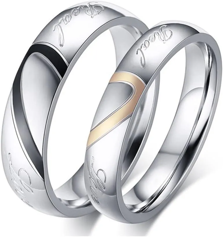 ROWAG Black 5MM Men Heart Shape Titanium Stainless Steel Couple Wedding Bands for Him and Her Pink 4MM Women Promise Engagement Rings