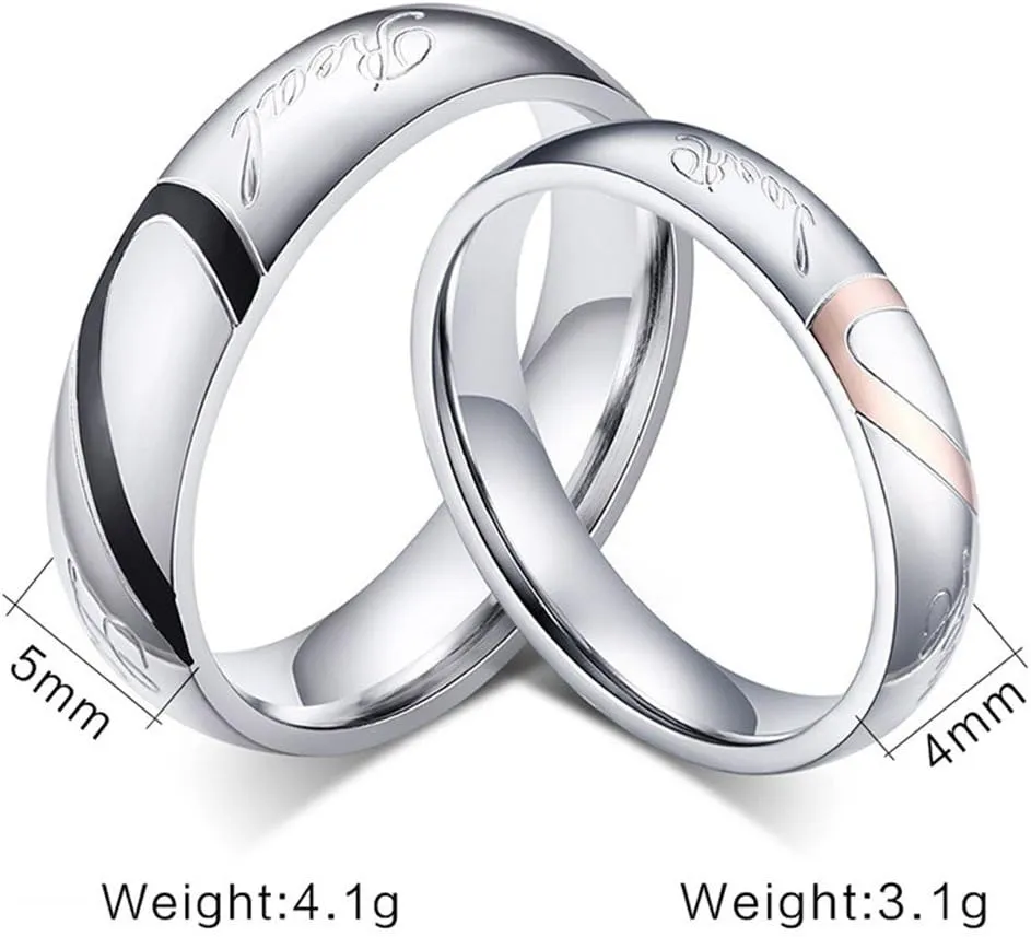 ROWAG Black 5MM Men Heart Shape Titanium Stainless Steel Couple Wedding Bands for Him and Her Pink 4MM Women Promise Engagement Rings