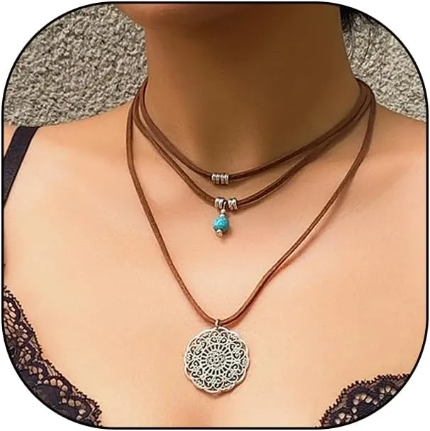 Rrdaily Layered Western Leather Rope Choker Necklace for Women Boho Stackable Turquoise Pendant Necklaces Cowboy Cowgirl Hat Boot Necklace Jewelry Accessories