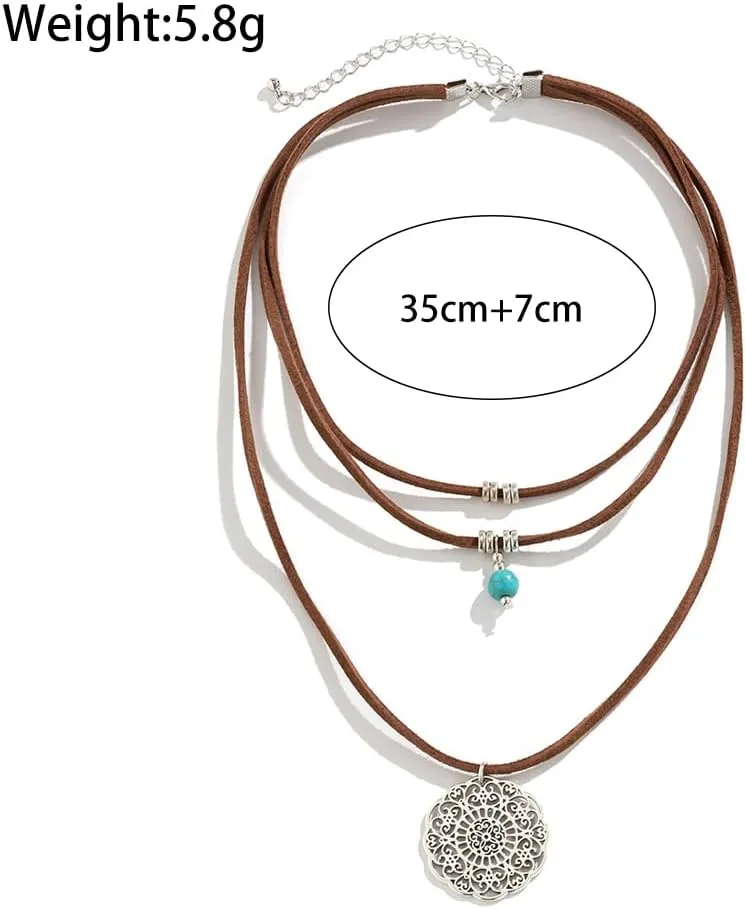 Rrdaily Layered Western Leather Rope Choker Necklace for Women Boho Stackable Turquoise Pendant Necklaces Cowboy Cowgirl Hat Boot Necklace Jewelry Accessories