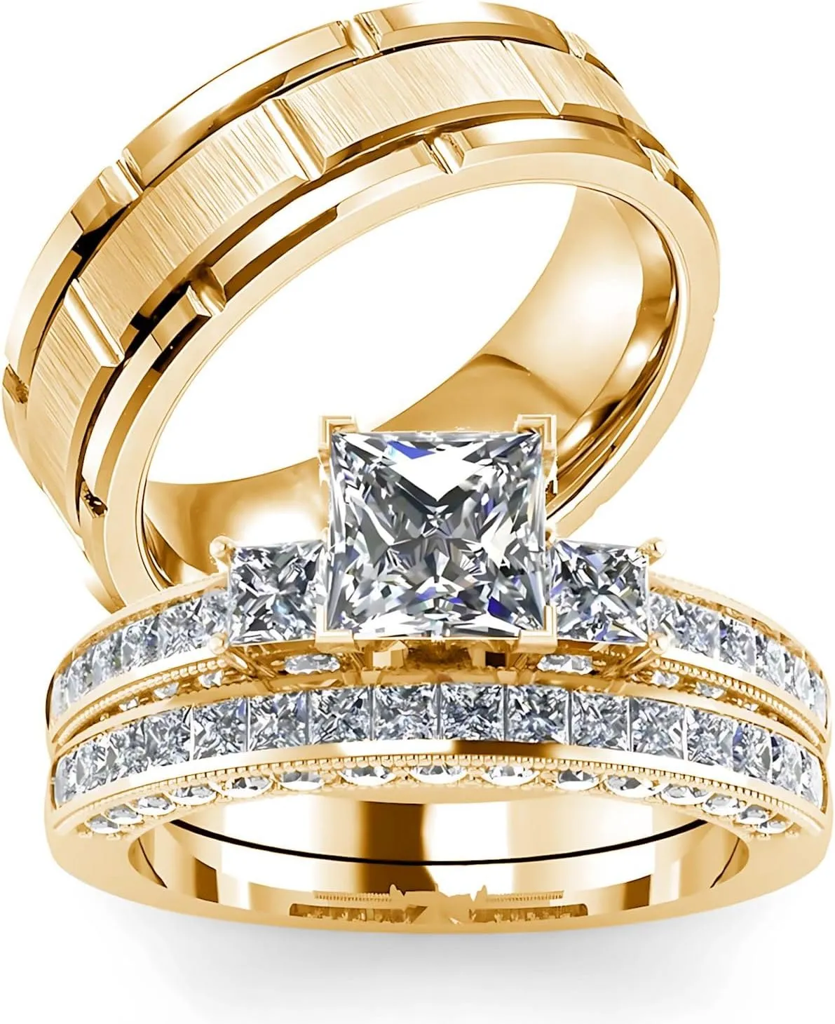 s925 10K 14K 18K Gold Couple Rings Sets, 3pcs Moissanite Couple Wedding Rings Sets for Men and Women, Customized Couples Matching Wedding Bands Set Free Engraving