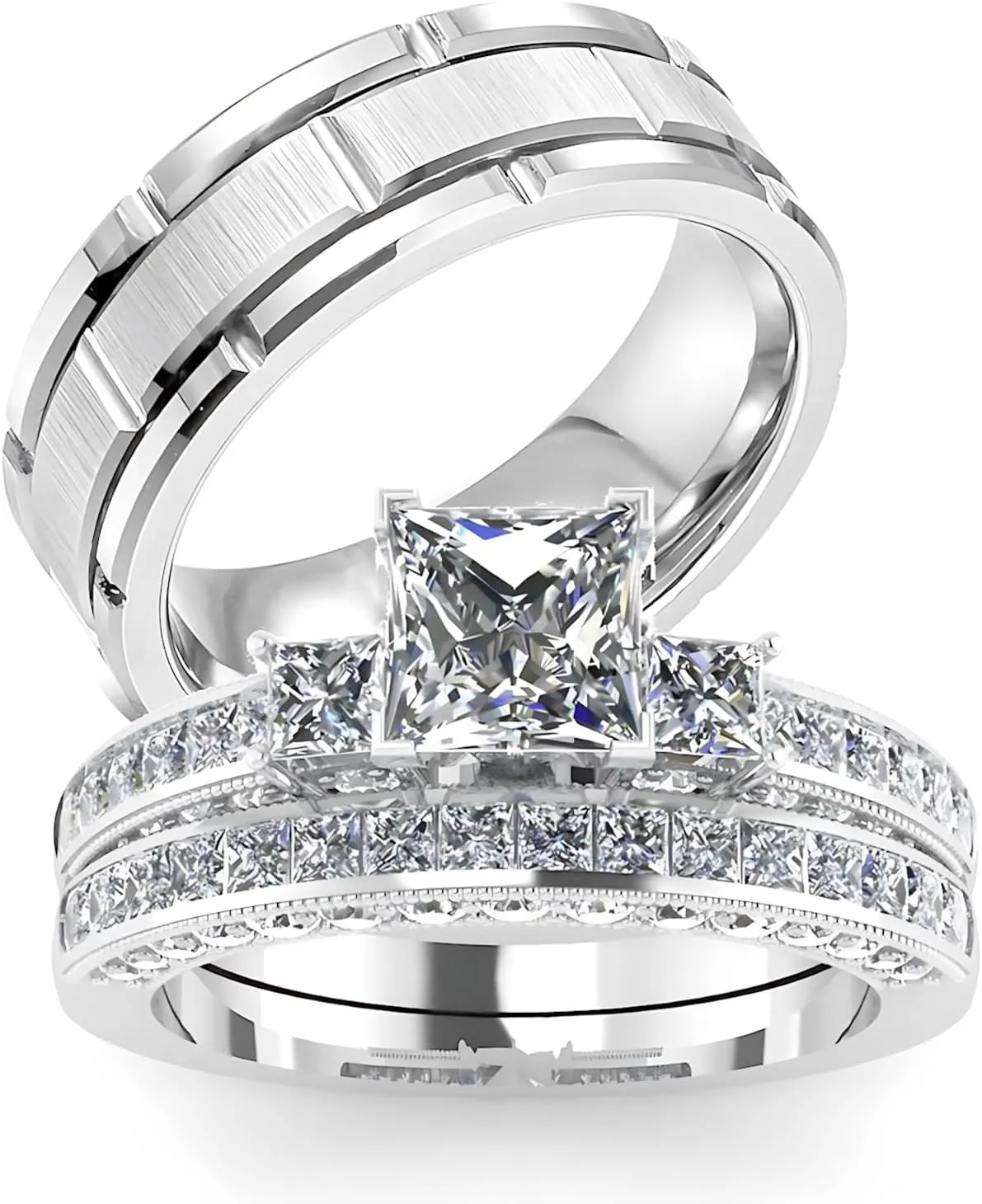 s925 10K 14K 18K Gold Couple Rings Sets, 3pcs Moissanite Couple Wedding Rings Sets for Men and Women, Customized Couples Matching Wedding Bands Set Free Engraving