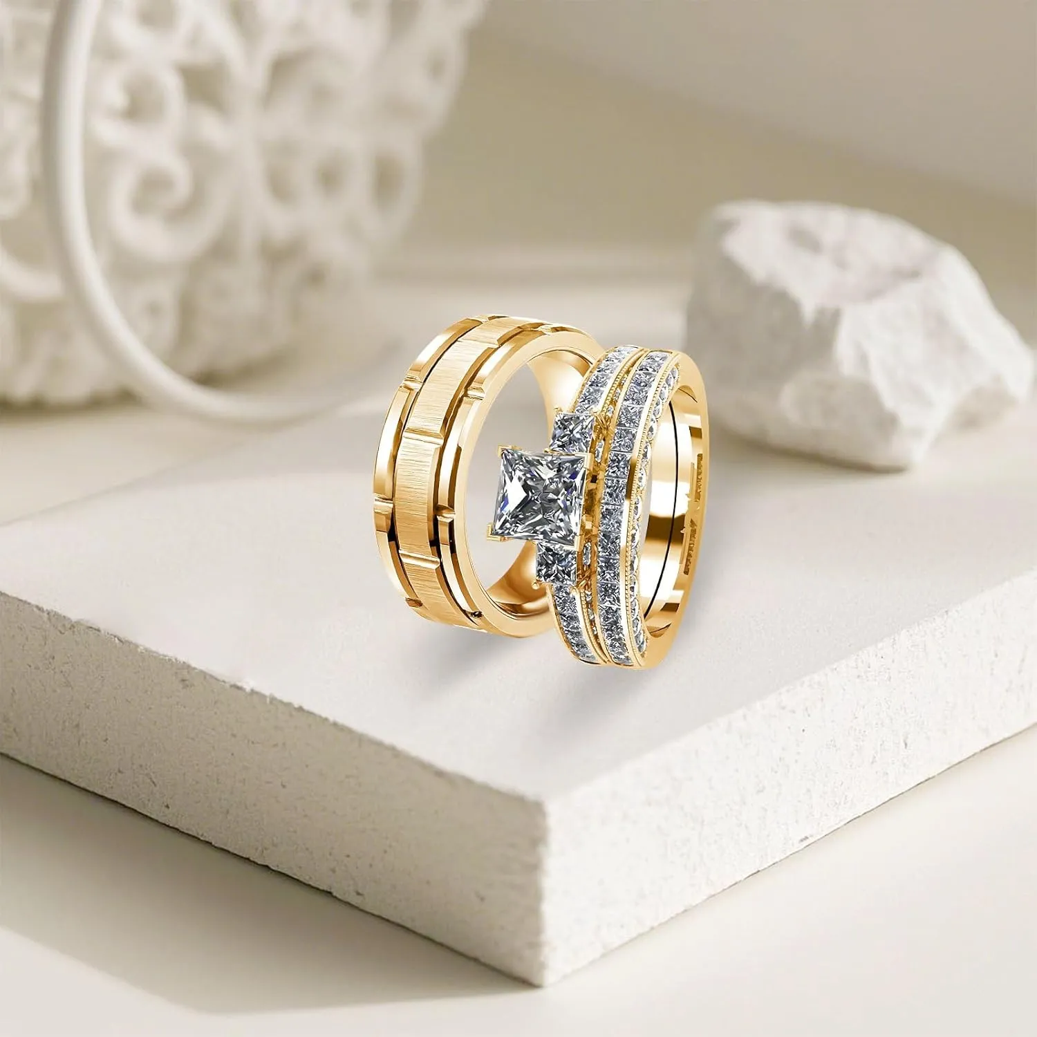 s925 10K 14K 18K Gold Couple Rings Sets, 3pcs Moissanite Couple Wedding Rings Sets for Men and Women, Customized Couples Matching Wedding Bands Set Free Engraving