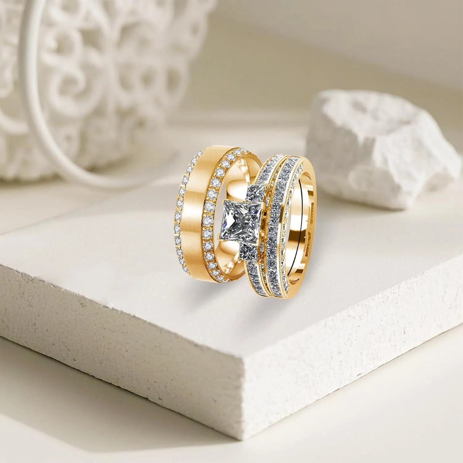 s925 10K 14K 18K Gold Couple Rings Sets, 3pcs Moissanite Couple Wedding Rings Sets for Men and Women, Customized Couples Matching Wedding Bands Set Free Engraving