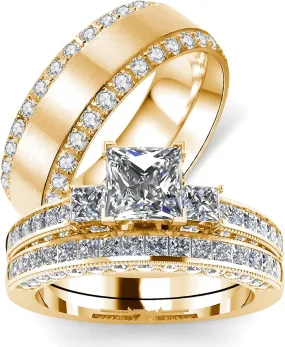 s925 10K 14K 18K Gold Couple Rings Sets, 3pcs Moissanite Couple Wedding Rings Sets for Men and Women, Customized Couples Matching Wedding Bands Set Free Engraving