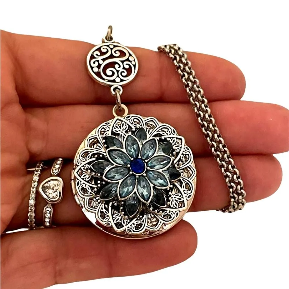Sapphire Blue Dahlia Flower Photo Locket Pendant Necklace that Holds Pictures, Personalized 2 Photo Locket Necklace for Women