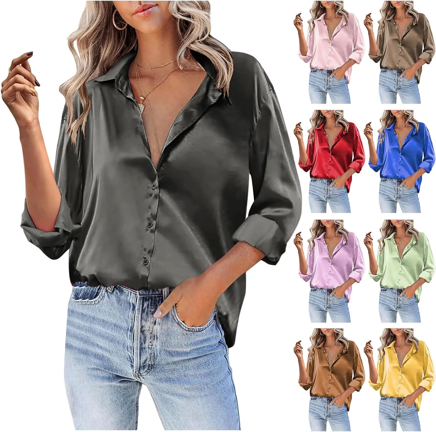 Silk Blouse for Women Satin Silk Button Down Shirt V Neck Long Sleeve Shirts Elegant Dressy Business Work Office Tops
