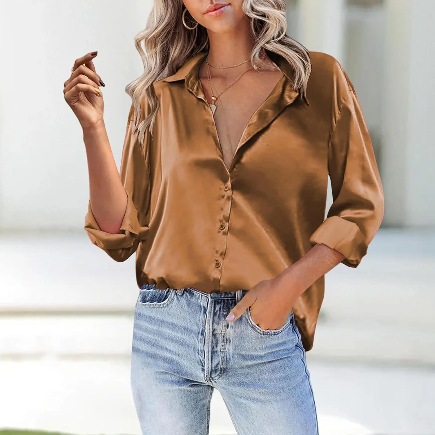 Silk Blouse for Women Satin Silk Button Down Shirt V Neck Long Sleeve Shirts Elegant Dressy Business Work Office Tops