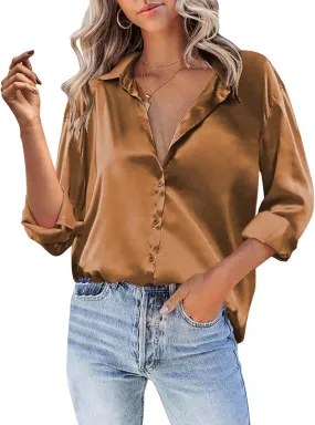 Silk Blouse for Women Satin Silk Button Down Shirt V Neck Long Sleeve Shirts Elegant Dressy Business Work Office Tops