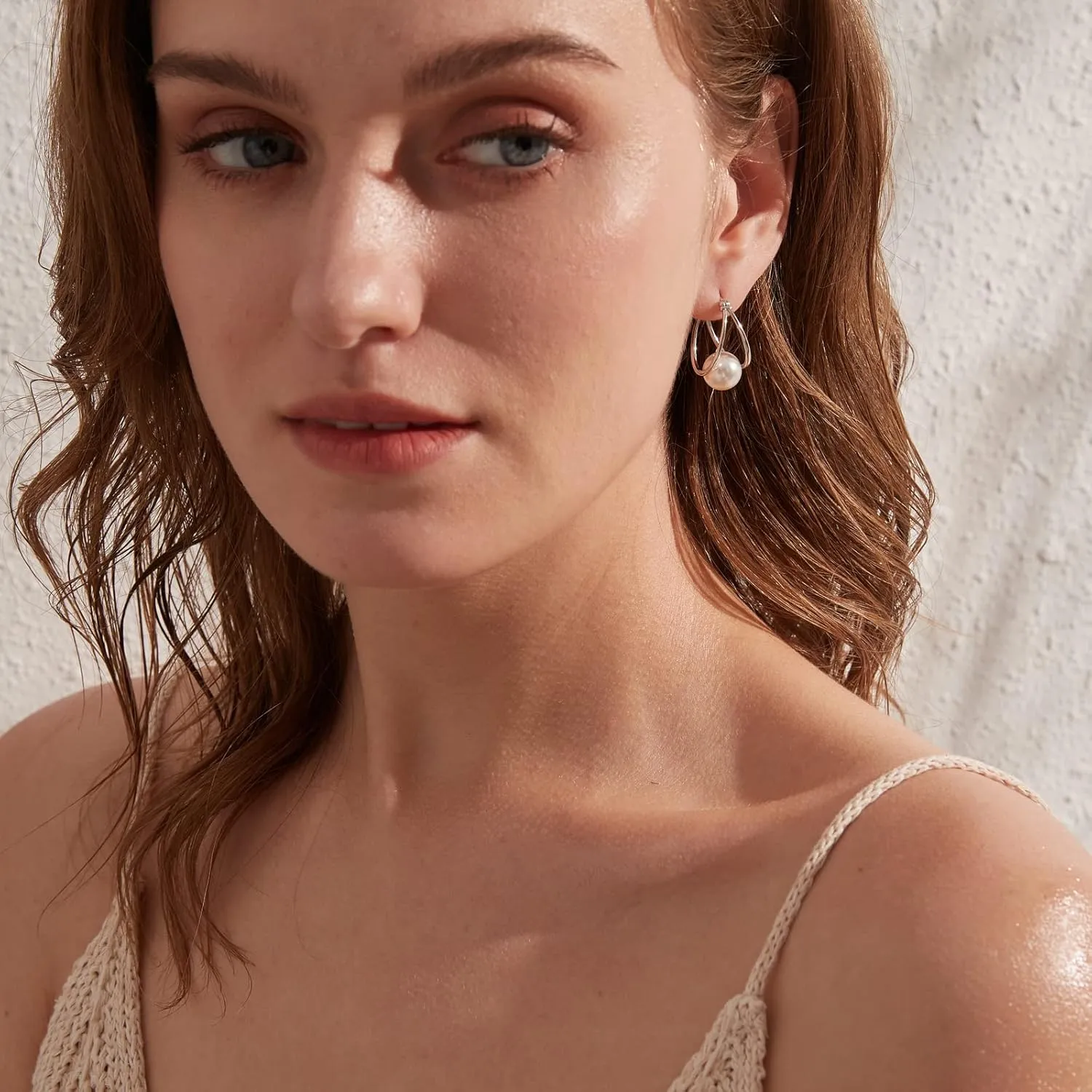 Silver Pearl Dangle Drop Earrings for Women 925 Sterling Silver Pearl Hoop Earrings Cubic Zirconia Pearl Dangling Earrings 10MM