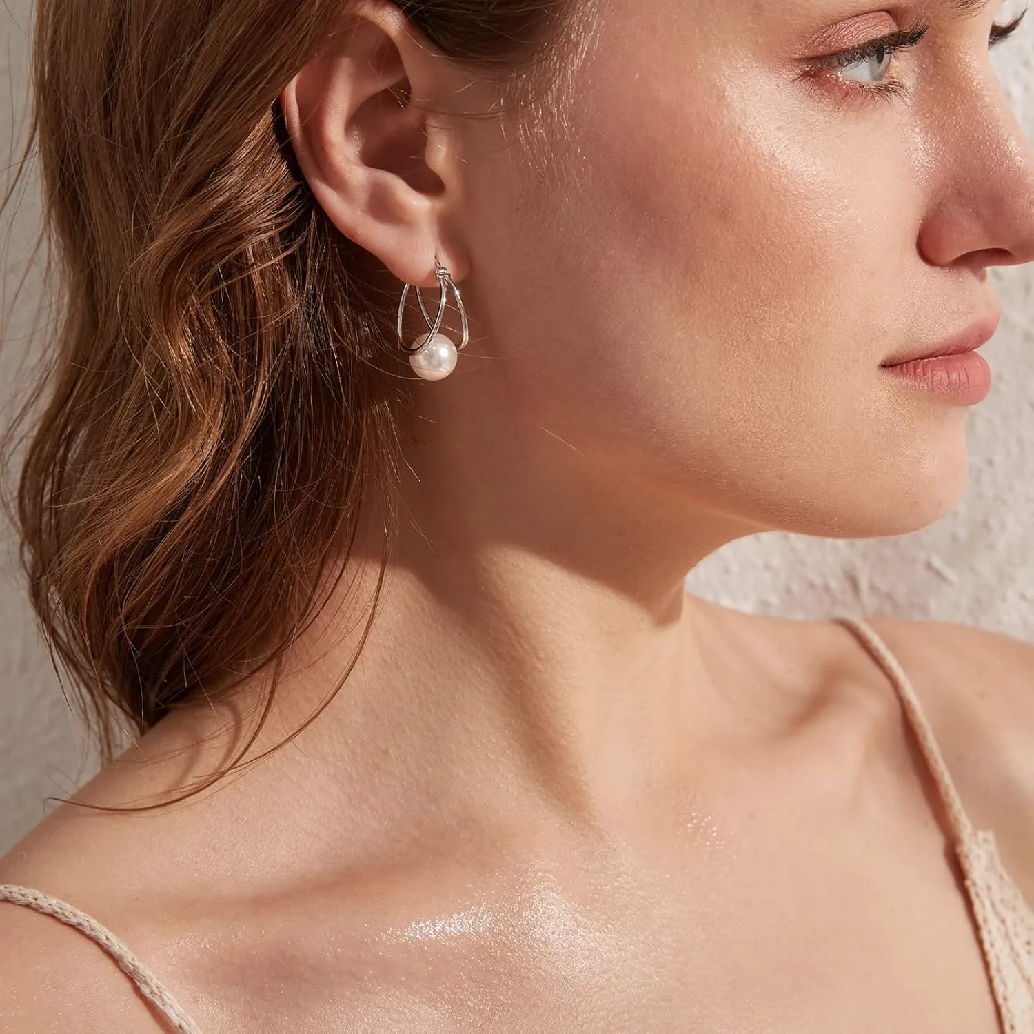 Silver Pearl Dangle Drop Earrings for Women 925 Sterling Silver Pearl Hoop Earrings Cubic Zirconia Pearl Dangling Earrings 10MM