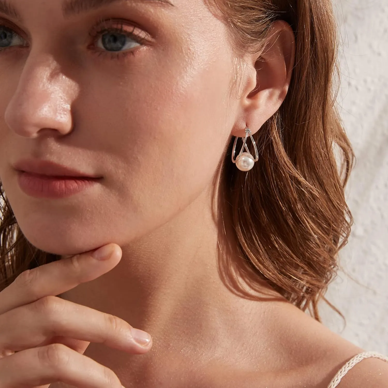 Silver Pearl Dangle Drop Earrings for Women 925 Sterling Silver Pearl Hoop Earrings Cubic Zirconia Pearl Dangling Earrings 10MM