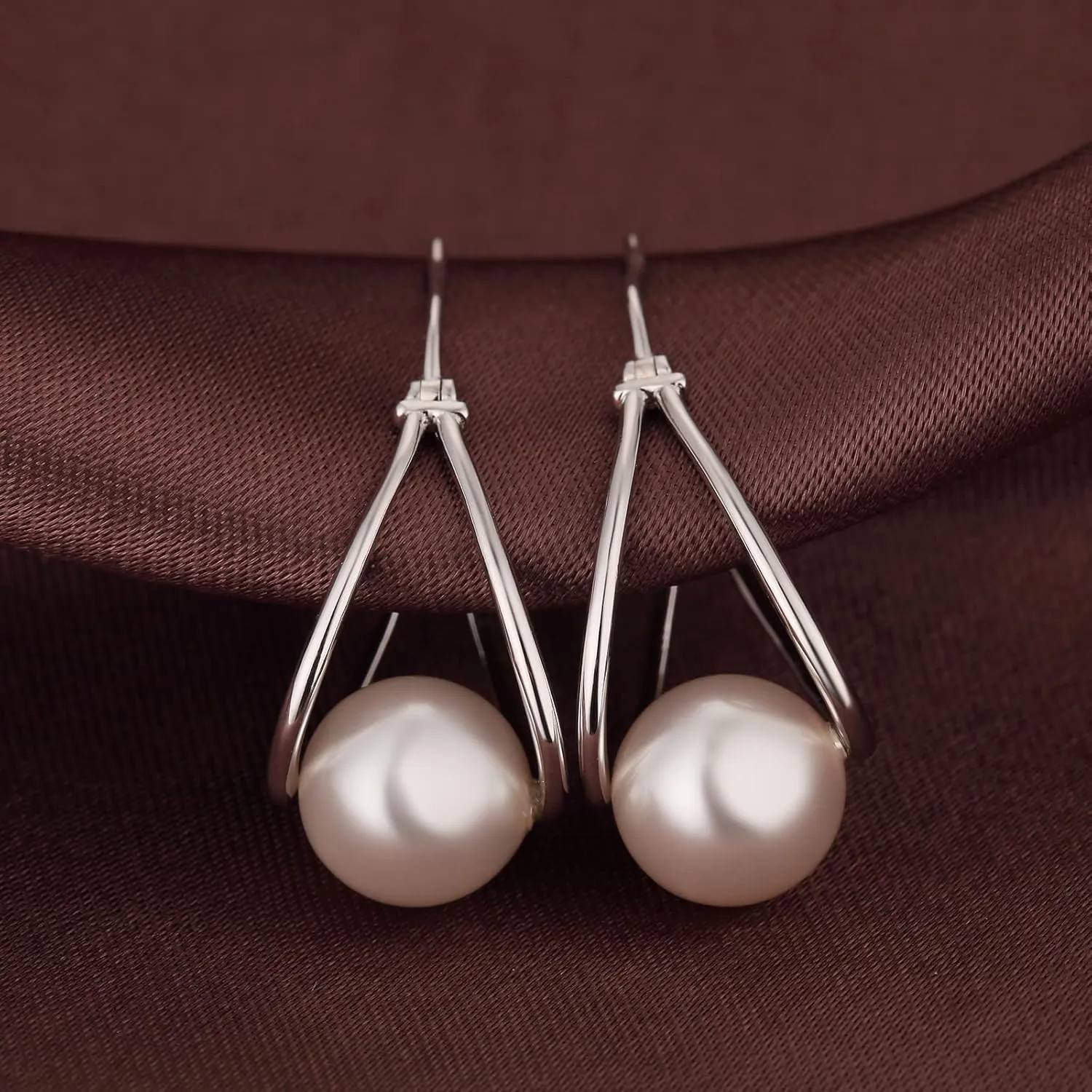 Silver Pearl Dangle Drop Earrings for Women 925 Sterling Silver Pearl Hoop Earrings Cubic Zirconia Pearl Dangling Earrings 10MM