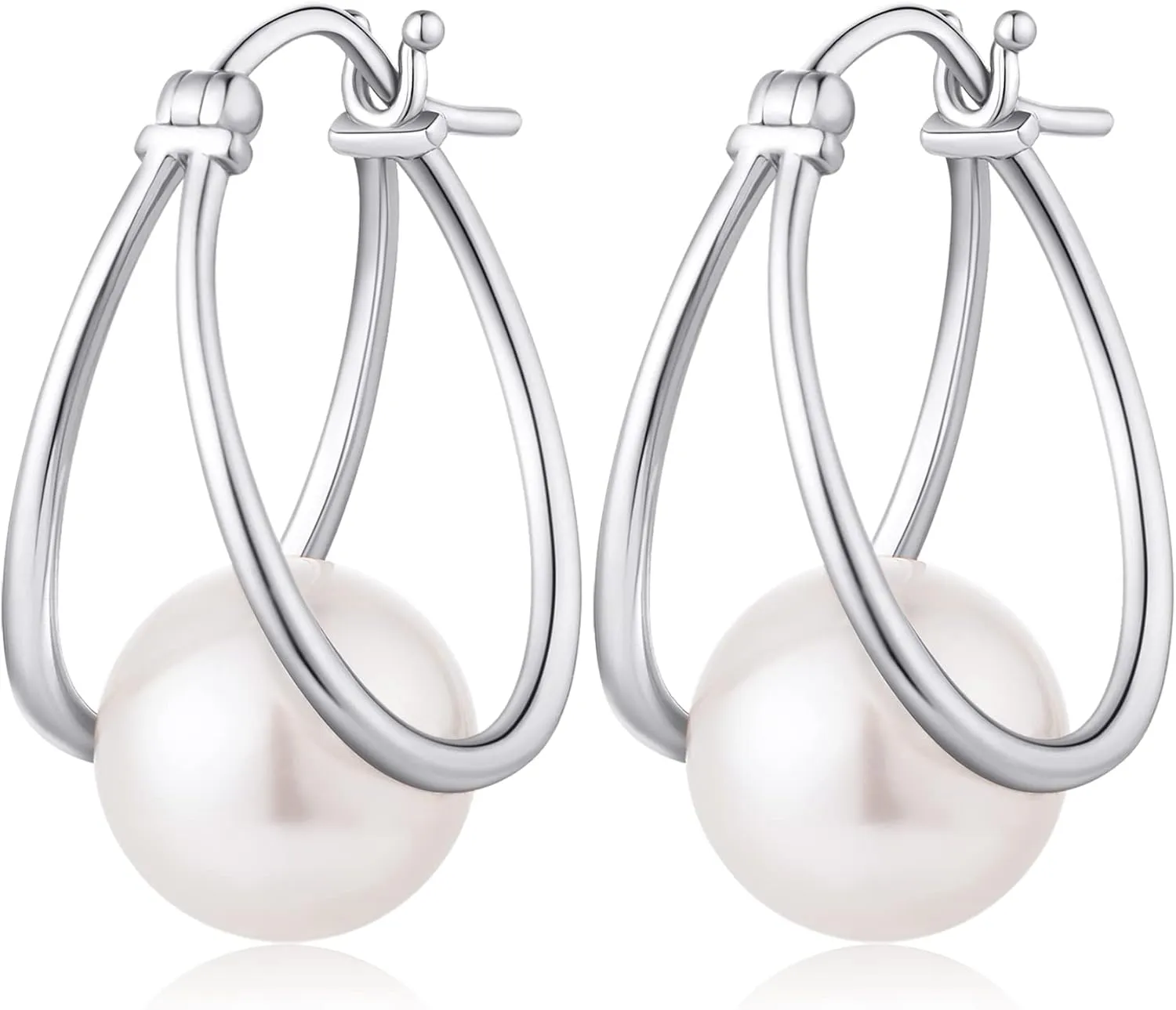 Silver Pearl Dangle Drop Earrings for Women 925 Sterling Silver Pearl Hoop Earrings Cubic Zirconia Pearl Dangling Earrings 10MM