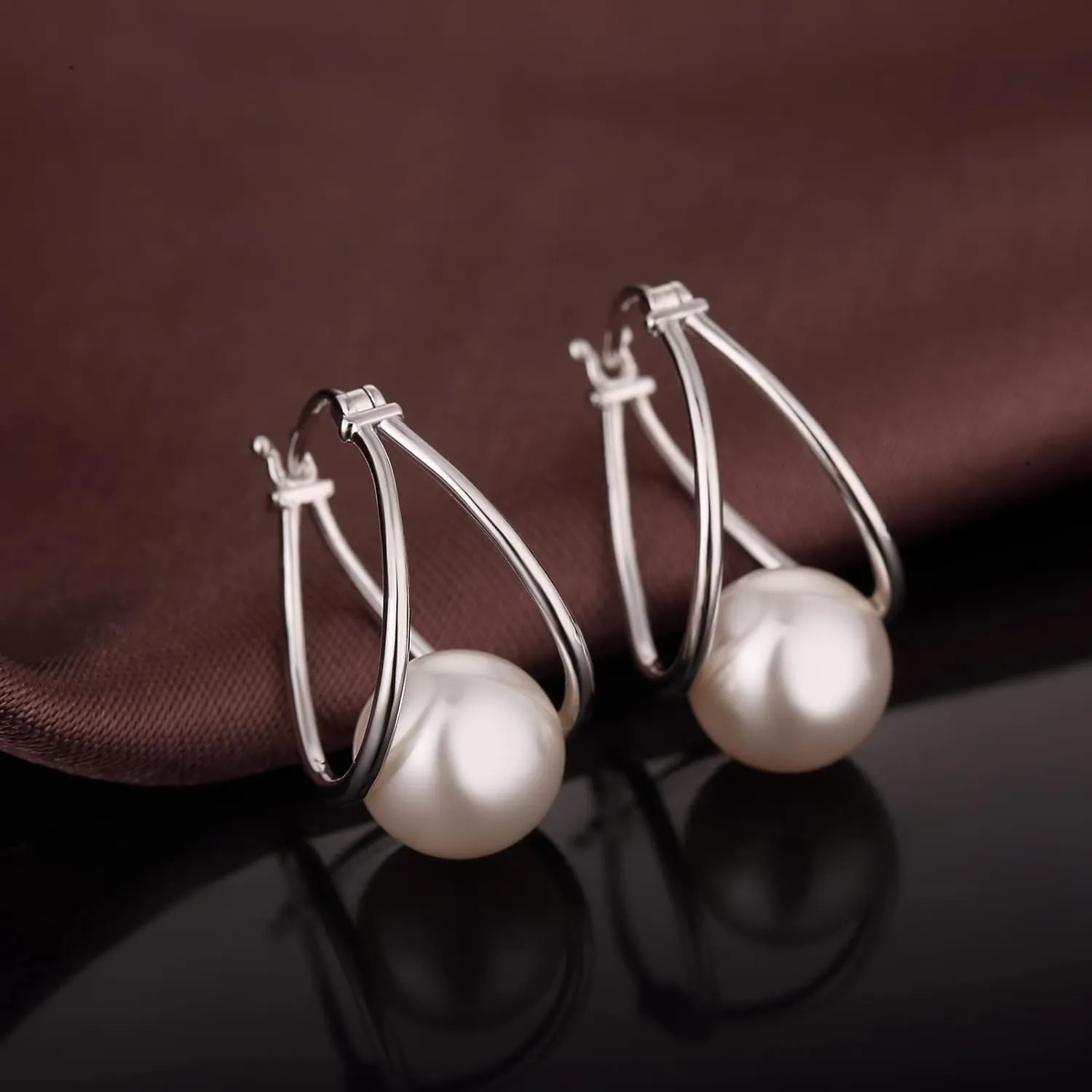 Silver Pearl Dangle Drop Earrings for Women 925 Sterling Silver Pearl Hoop Earrings Cubic Zirconia Pearl Dangling Earrings 10MM
