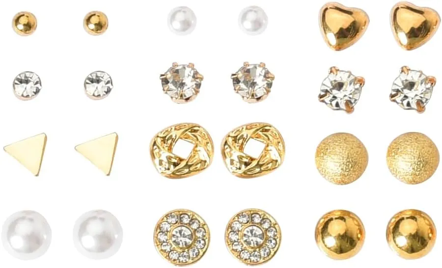 Sliver Gold Stud Earrings Set for Women Faux Pearl Diamond Earrings for Women 12 Pairs Fashion Earrings for Women Adult