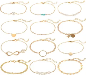 Softones 12pcs Simple Silver Gold Bracelets for Women Cute Pearl Bracelet Tiny Charm Dainty Handmade Bracelet Set Adjustable
