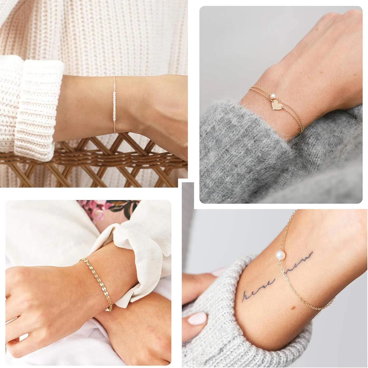 Softones 12pcs Simple Silver Gold Bracelets for Women Cute Pearl Bracelet Tiny Charm Dainty Handmade Bracelet Set Adjustable