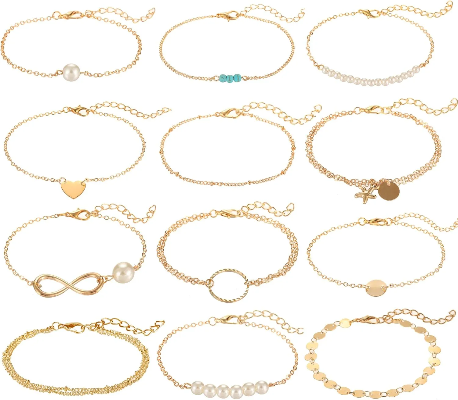 Softones 12pcs Simple Silver Gold Bracelets for Women Cute Pearl Bracelet Tiny Charm Dainty Handmade Bracelet Set Adjustable