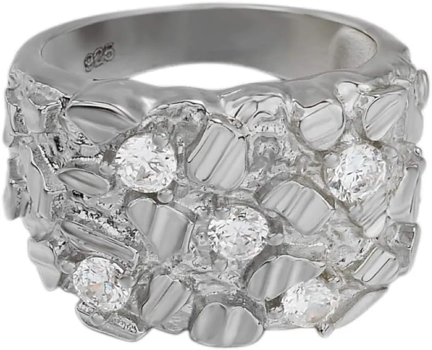 Solid 925 Sterling Silver Men's Silver Ring - Nugget Ring - Pinky or Ring Finger Iced Flooded Out Men's Ring - Sizes 7-13