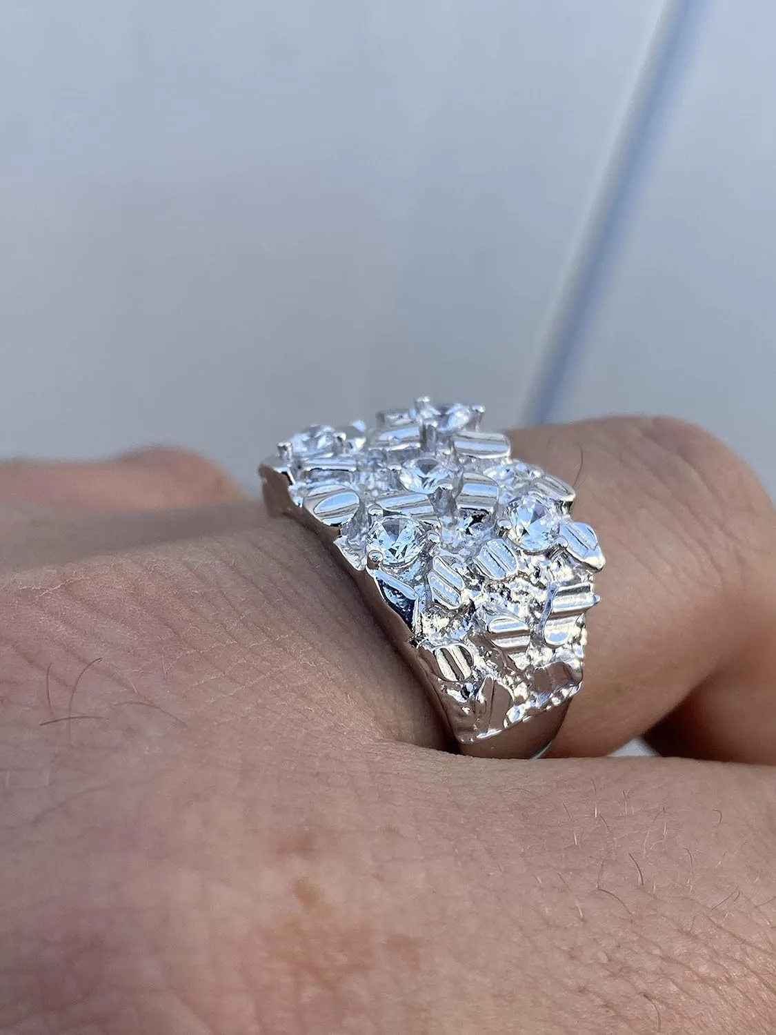 Solid 925 Sterling Silver Men's Silver Ring - Nugget Ring - Pinky or Ring Finger Iced Flooded Out Men's Ring - Sizes 7-13