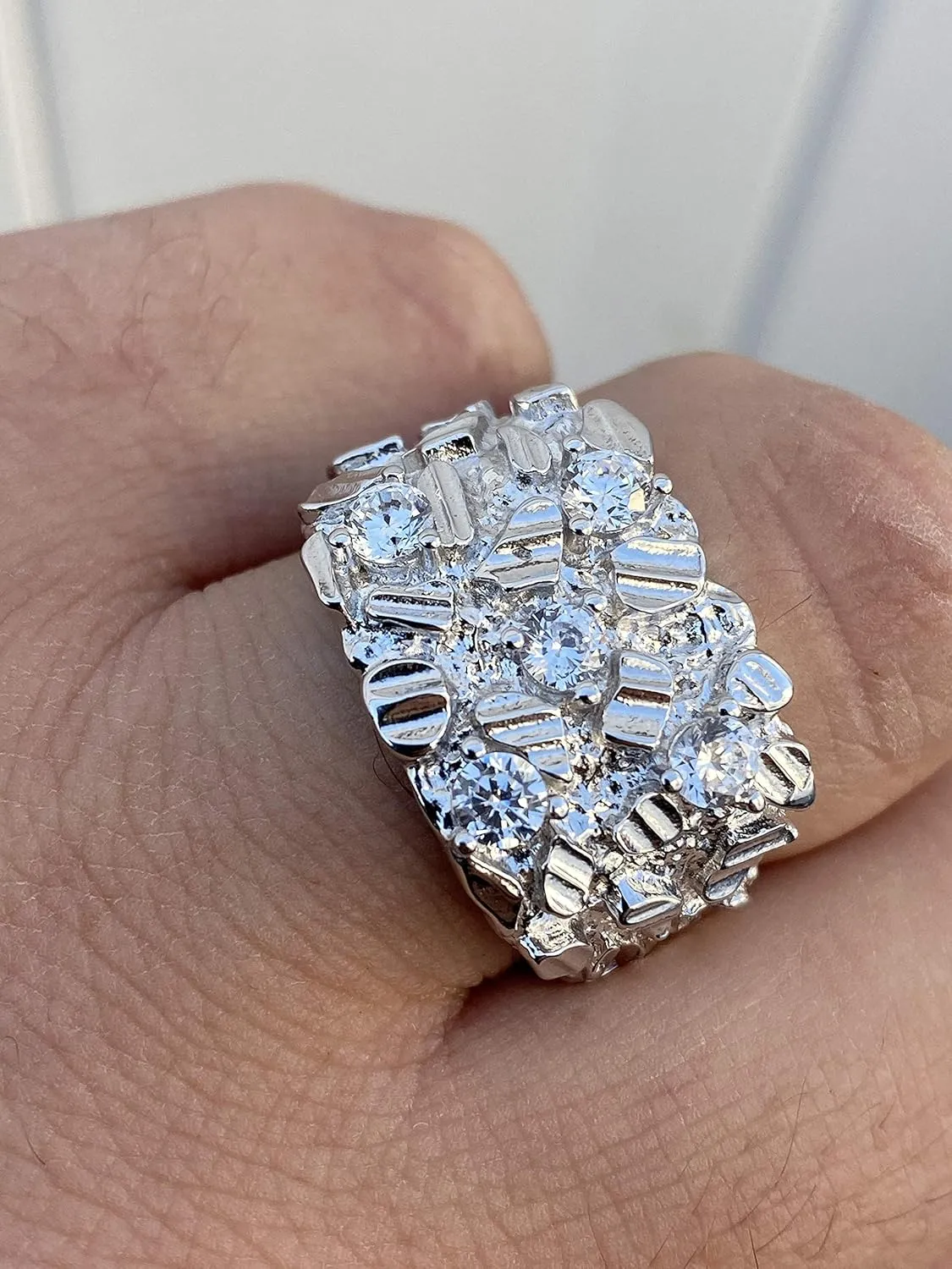 Solid 925 Sterling Silver Men's Silver Ring - Nugget Ring - Pinky or Ring Finger Iced Flooded Out Men's Ring - Sizes 7-13