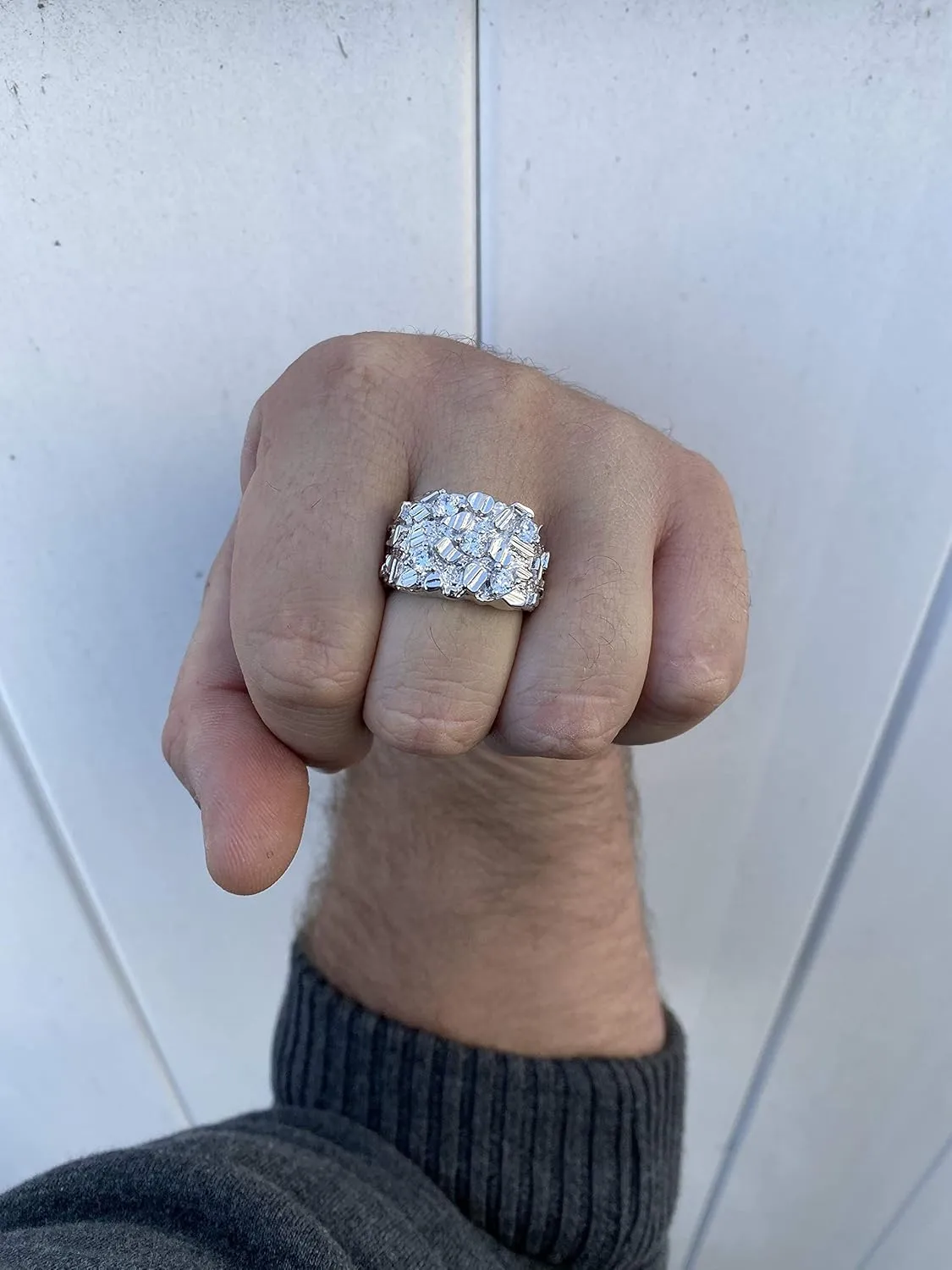 Solid 925 Sterling Silver Men's Silver Ring - Nugget Ring - Pinky or Ring Finger Iced Flooded Out Men's Ring - Sizes 7-13