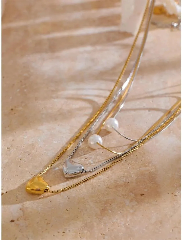 Stainless Steel Double Layer Chain Heart Imitation Pearl Pendant Stacking Necklace for Women Rust Proof Jewelry-N33