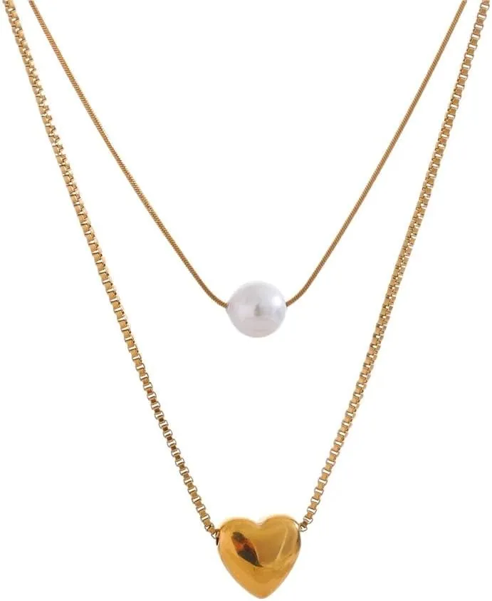 Stainless Steel Double Layer Chain Heart Imitation Pearl Pendant Stacking Necklace for Women Rust Proof Jewelry-N33