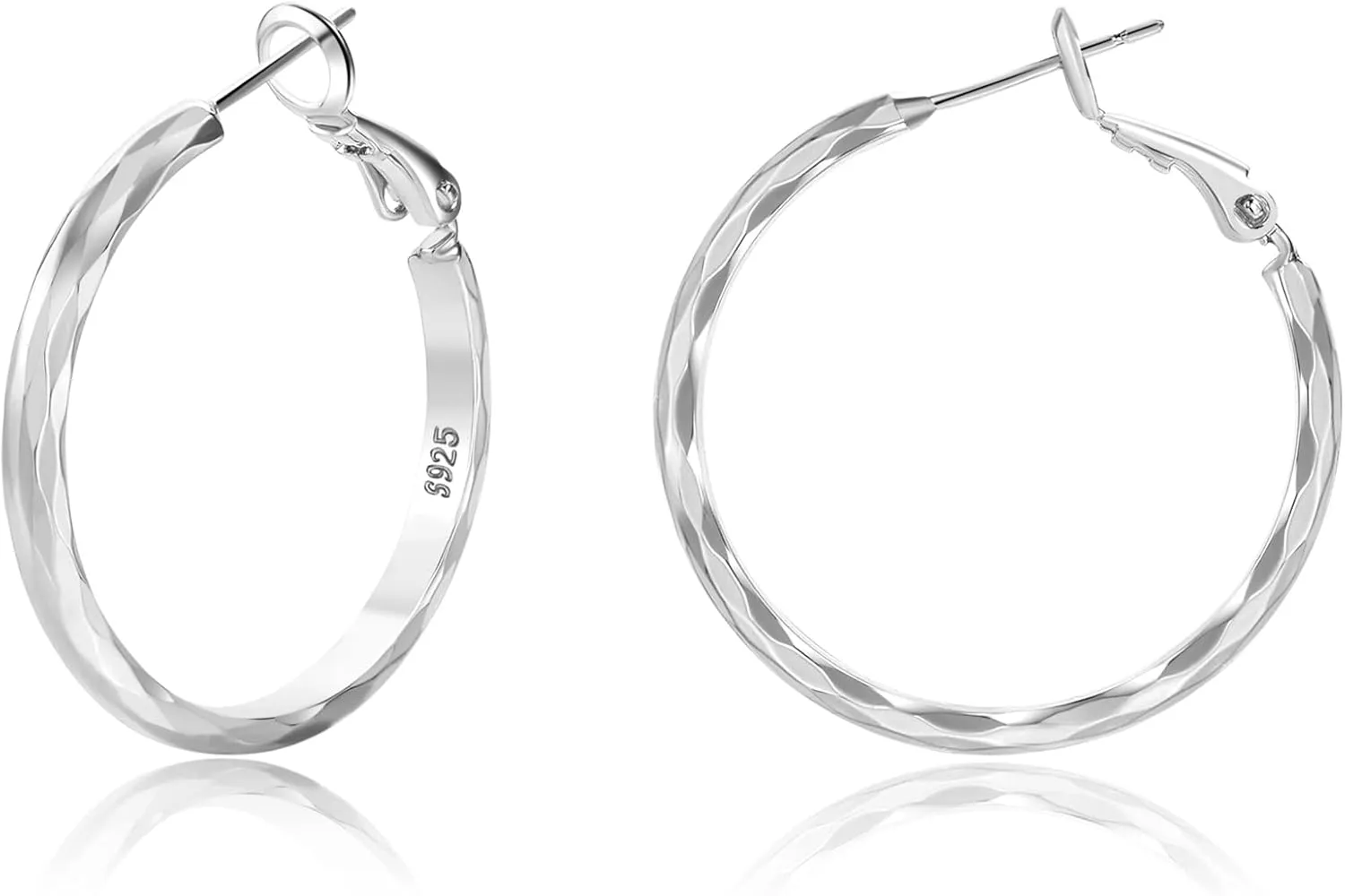 Sterling Silver Hoop Earrings - Diamond-Cut Circle Hoops, Hypoallergenic, 3mm Thin, Oversize 20/30/40/50/60mm