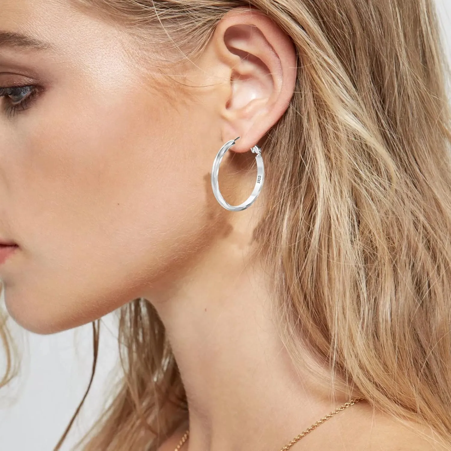 Sterling Silver Hoop Earrings - Diamond-Cut Circle Hoops, Hypoallergenic, 3mm Thin, Oversize 20/30/40/50/60mm