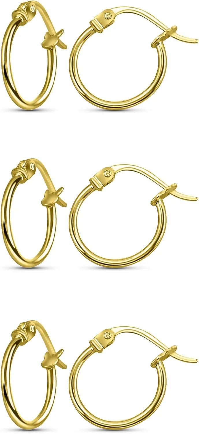 Sterling Silver Hoop Earrings for Women - Gold Hoop Earrings - Hoop Earrings Set - Thin Light Polished Round Post Click-top Hoops Earring for Women Men, 12-20mm Diameter, 1-3 Pairs Jewelry Sets