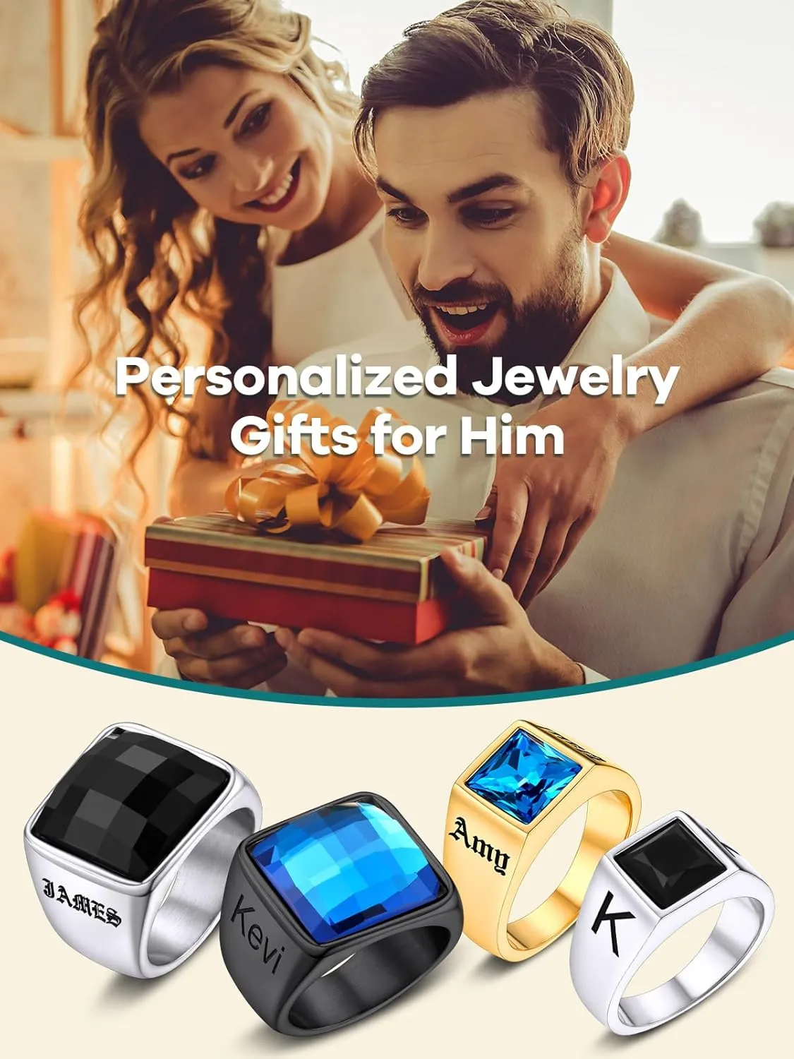 Supcare Square Gemstone Signet Ring for Men,Blue Topaz/Black Onxy Cocktail Ring Comfort Fit Size 7-14,Custom Jewelry for Men (with Gift Package)