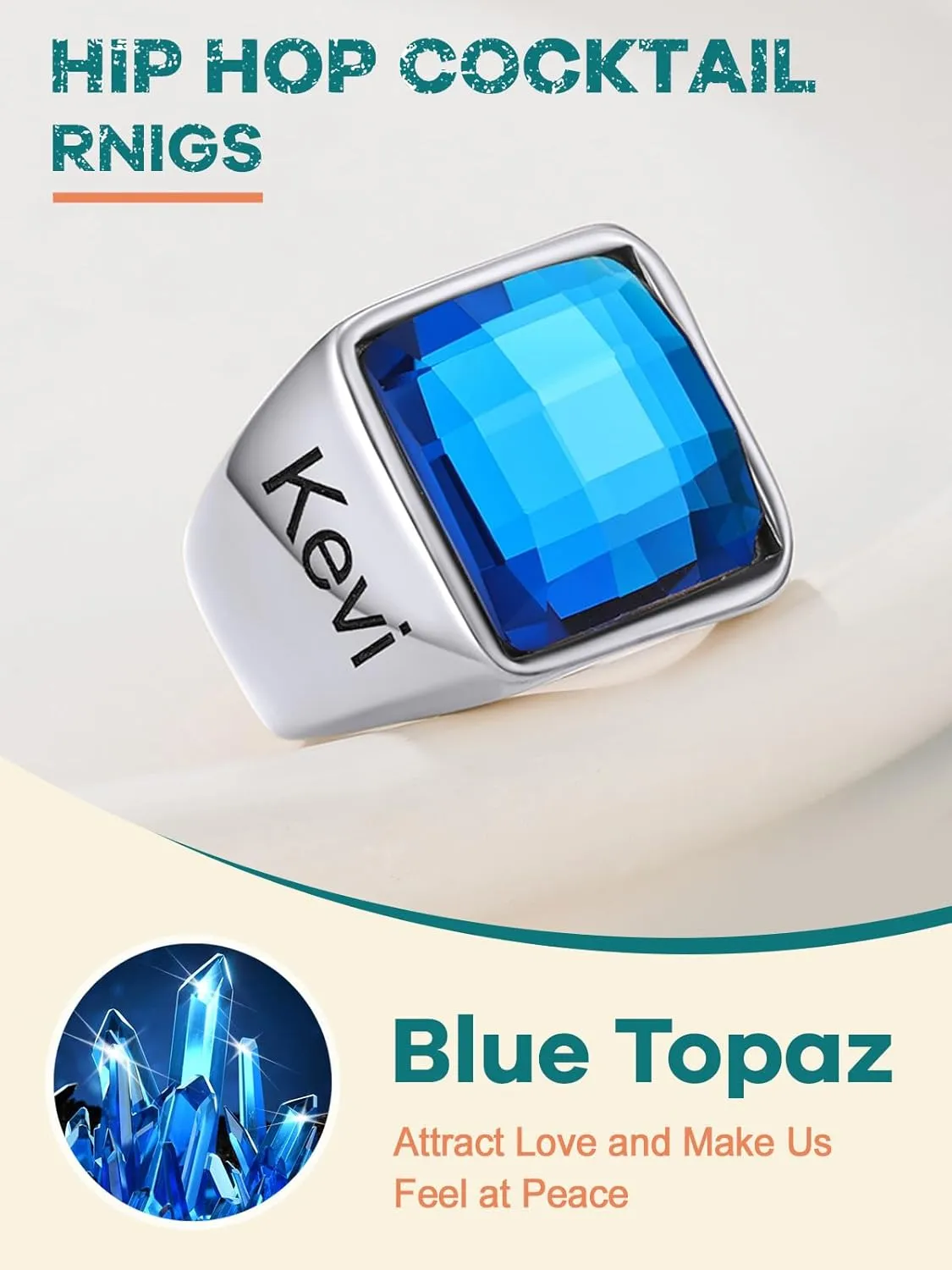 Supcare Square Gemstone Signet Ring for Men,Blue Topaz/Black Onxy Cocktail Ring Comfort Fit Size 7-14,Custom Jewelry for Men (with Gift Package)